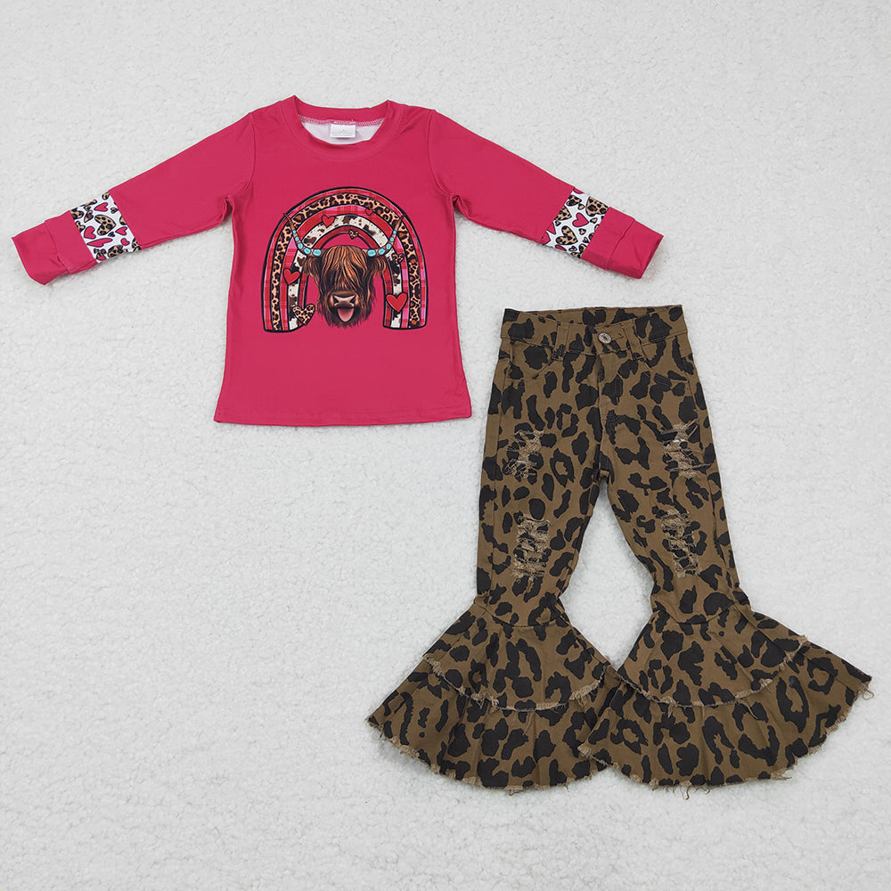 Baby girls Valentines Cow Western Leopard denim pants Clothes sets