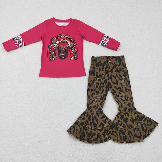 Baby girls Valentines Cow Western Leopard denim pants Clothes sets
