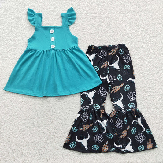 Baby Girls Turquoise Flutter Sleeve Tunic Cow Bell Pants Clothes Sets