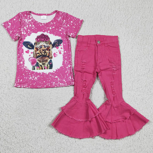 Baby Girls Valentines Cow Denim Pants Clothes Sets