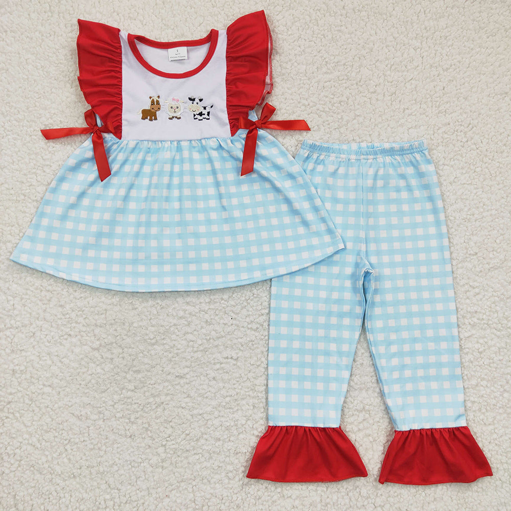 Baby Girls Cow Animal Farm Plaid Pants Clothes Sets