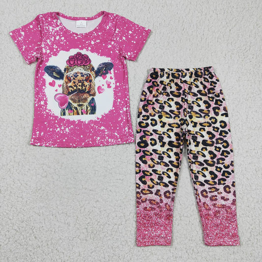 Baby Girls Valentines Cow Pink Leopard Legging Clothes Sets