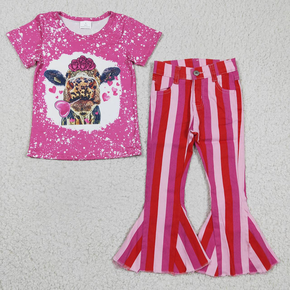 Baby Girls Valentines Cow Stripe Denim Pants Clothes Sets