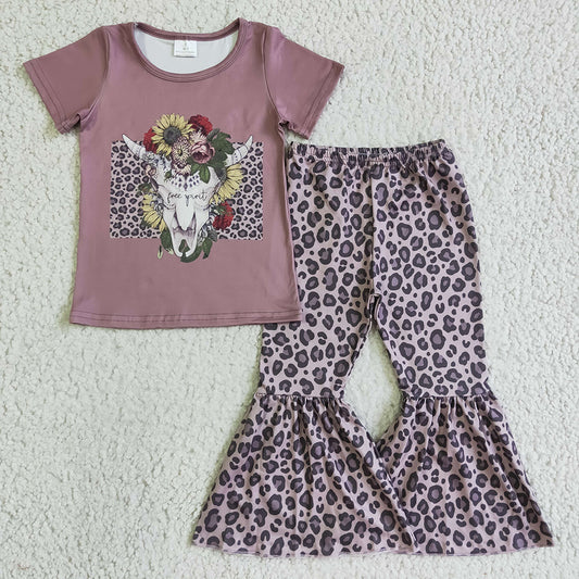 Baby girls cow skull leopard pants clothes sets