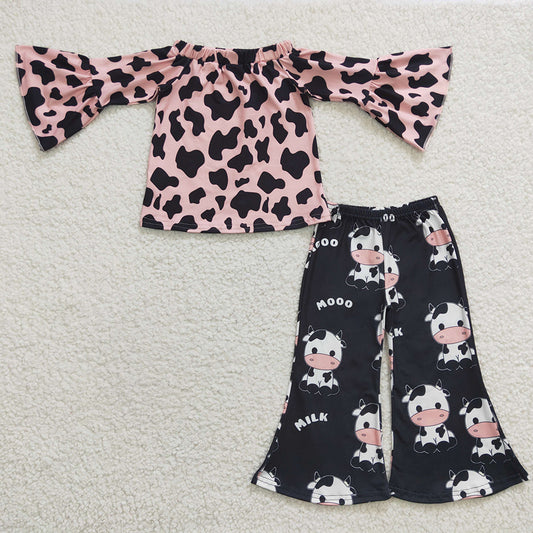 Baby Girls Cow Print Pink Bell Pants Clothes Sets