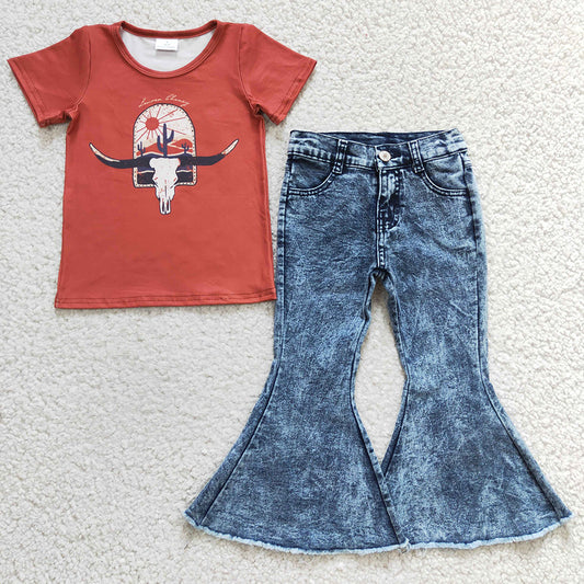 Baby Girls Cow Skull Denim Pants clothes sets