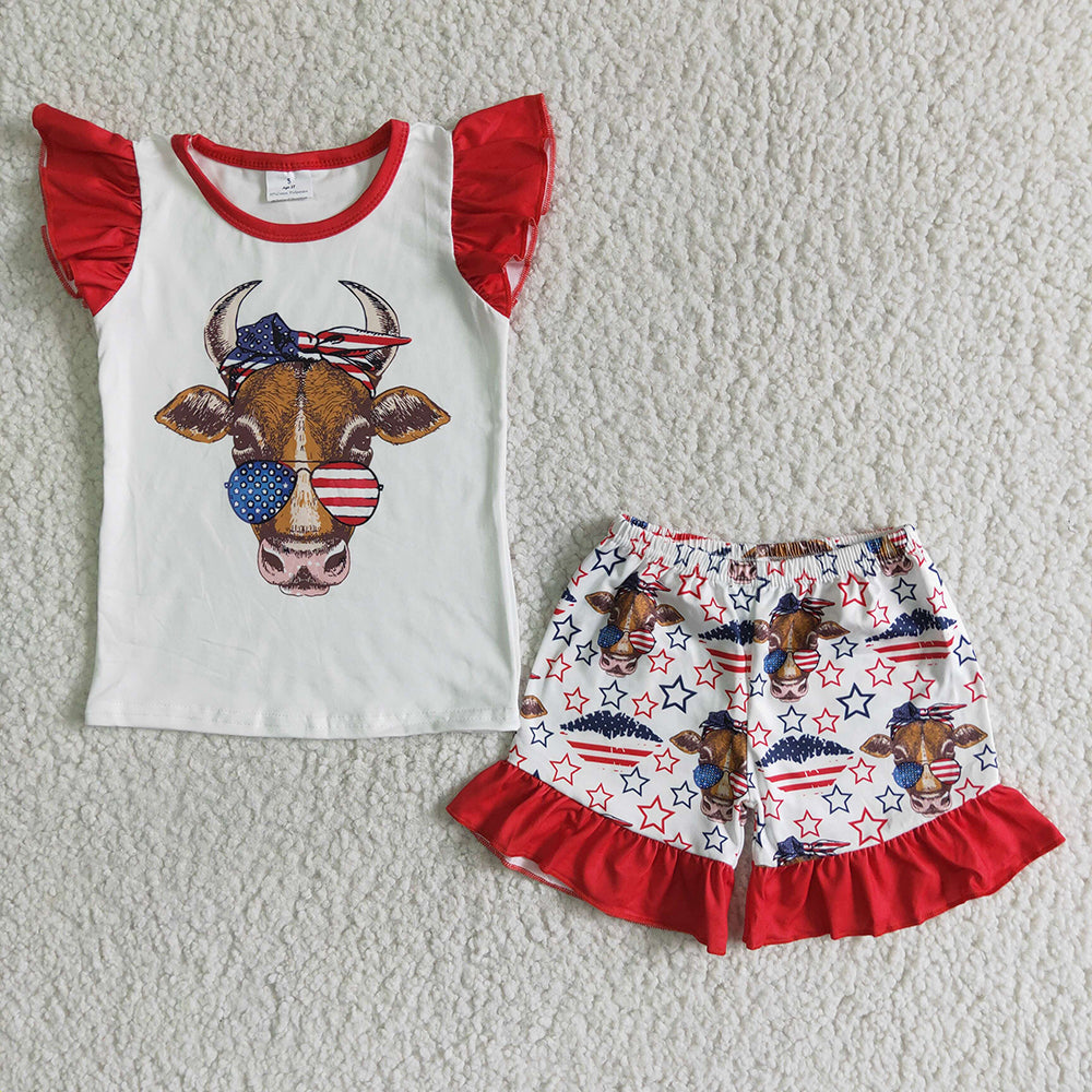 Baby girls cartoon cow 4th of July ruffle shorts sets