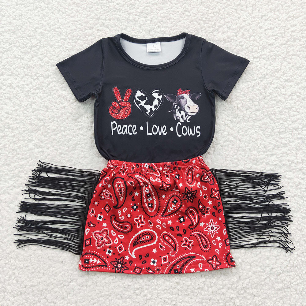 Baby Girls Peace Love Cows Tassel Skirts Clothes Sets