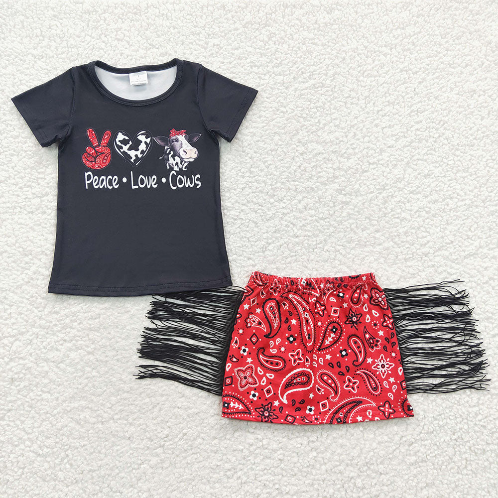 Baby Girls Peace Love Cows Tassel Skirts Clothes Sets