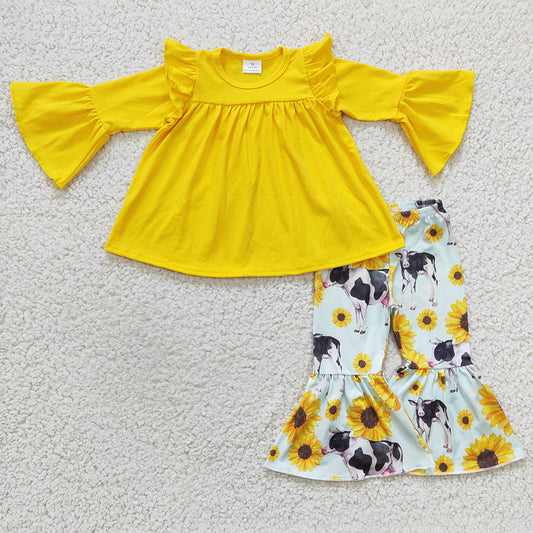 Baby Girls yellow sunflower cow pants clothes sets