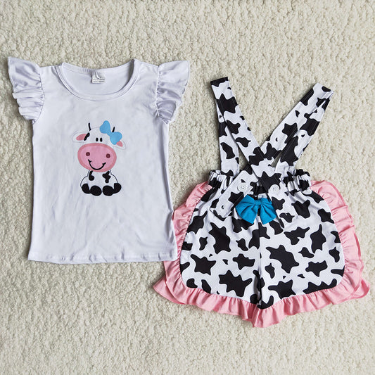 Baby girls summer cow print suspender shorts sets