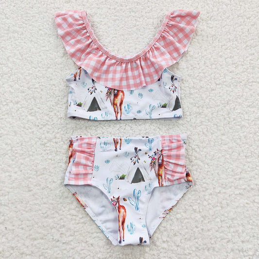 Baby Girls Western Horse Ruffle Two Pieces Swimsuits