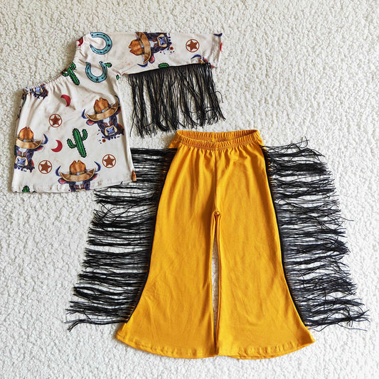 Baby girls cactus cow tassel western pants clothes sets