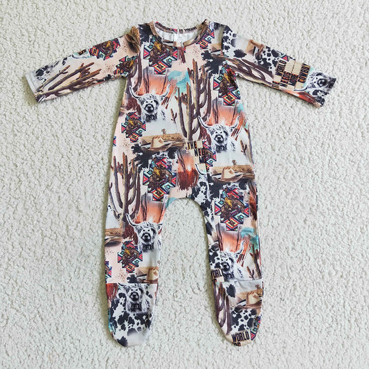 Baby kids fall zip cow cactus footie rompers