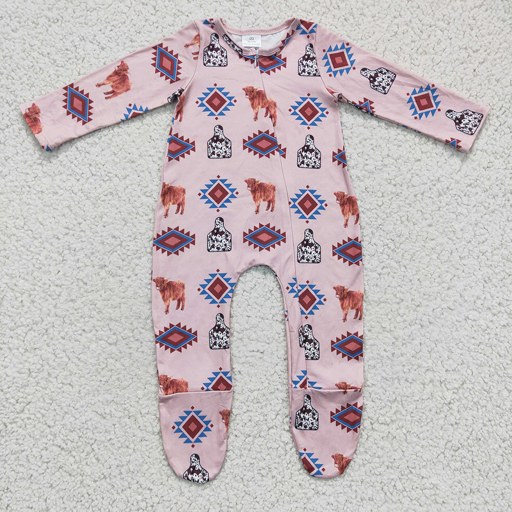 Baby Kids Cow Zip Aztec Western rompers