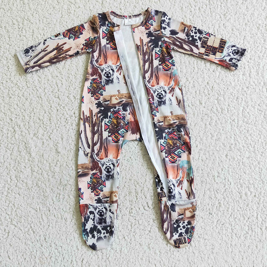 Baby kids fall zip cow cactus footie rompers