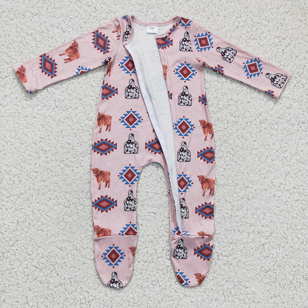 Baby Kids Cow Zip Aztec Western rompers