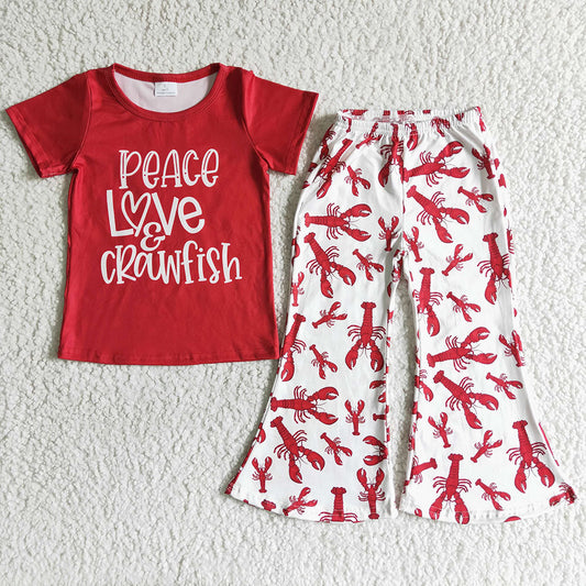 Baby Girls peace love crawfish red bell pants clothing sets