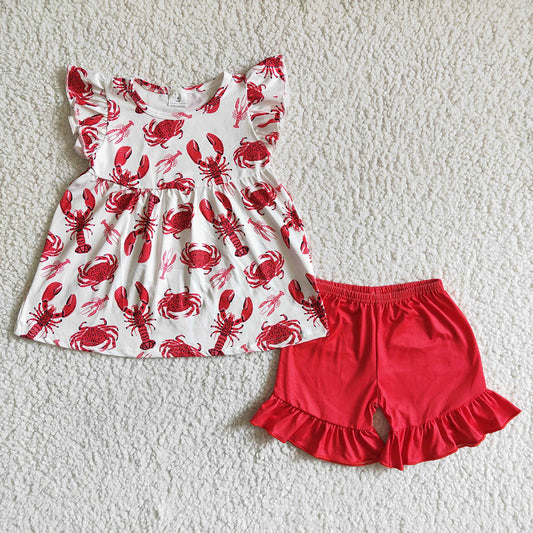 Baby girls summer crawfish red tunic ruffle shorts sets