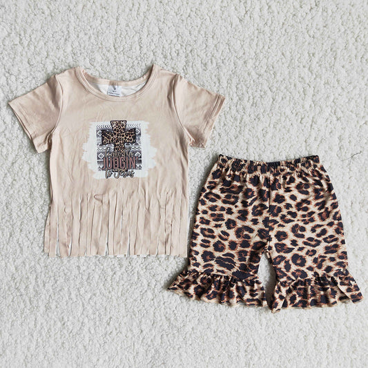 Tassels Leopard ruffles Shorts suit