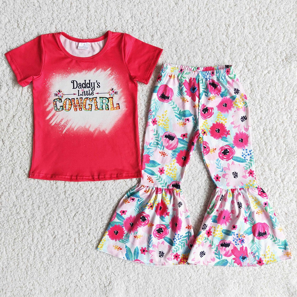 Baby girls daddy cowgirls pink top bell bottom flower pants clothing sets
