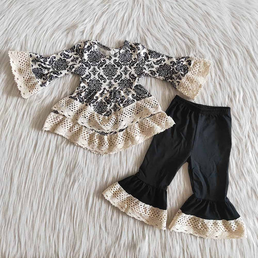 Baby Girls black Lace ruffle tunic damask pants clothes sets