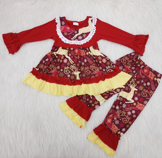 Baby Girls reindeer Christmas ruffle pants clothing sets