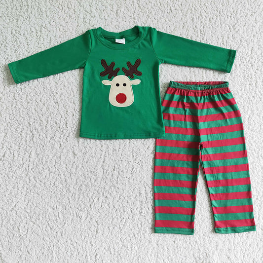 Christmas green red deer embroidery baby boys pants sets