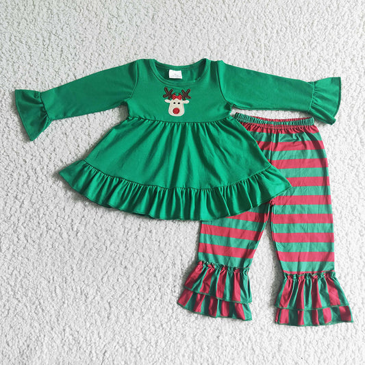 Christmas green red deer embroidery baby girls ruffle pants sets