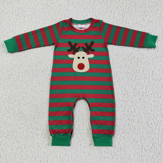 Christmas green red deer embroidery baby boys rompers