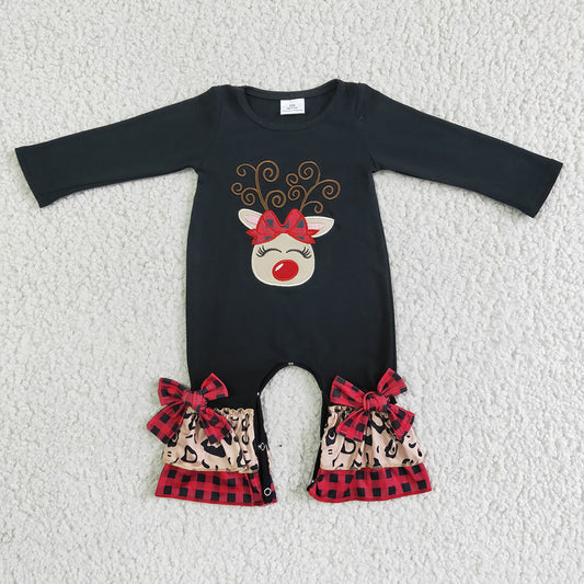 Baby Girls Christmas reindeer embroidery black rompers