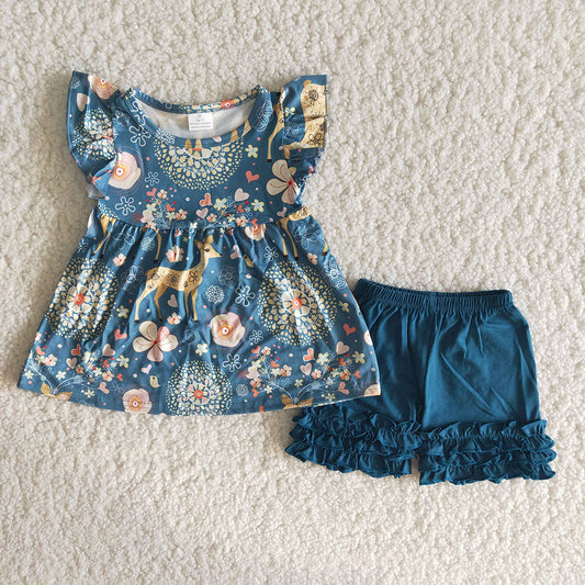 Deer flower ruffles shorts set