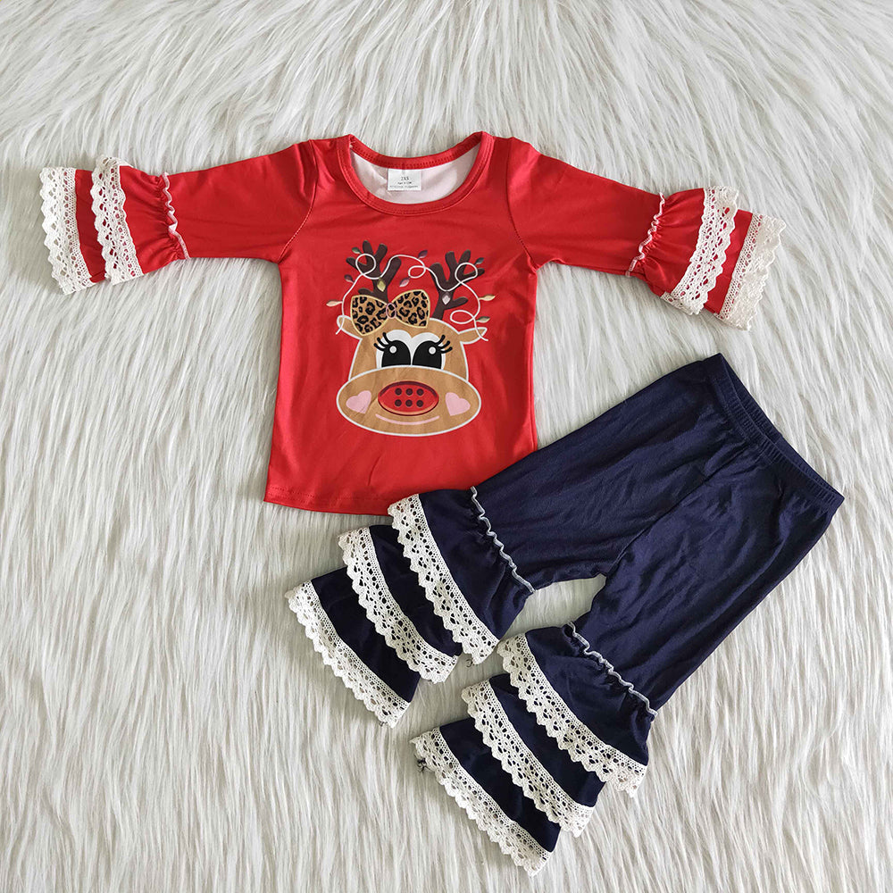 Baby Girls Christmas reindeer print top ruffle lace denim pants sets