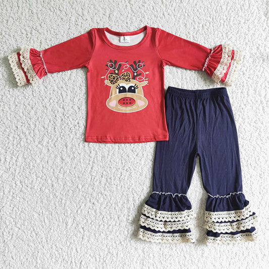 Baby Girls Christmas reindeer print top ruffle lace denim pants sets