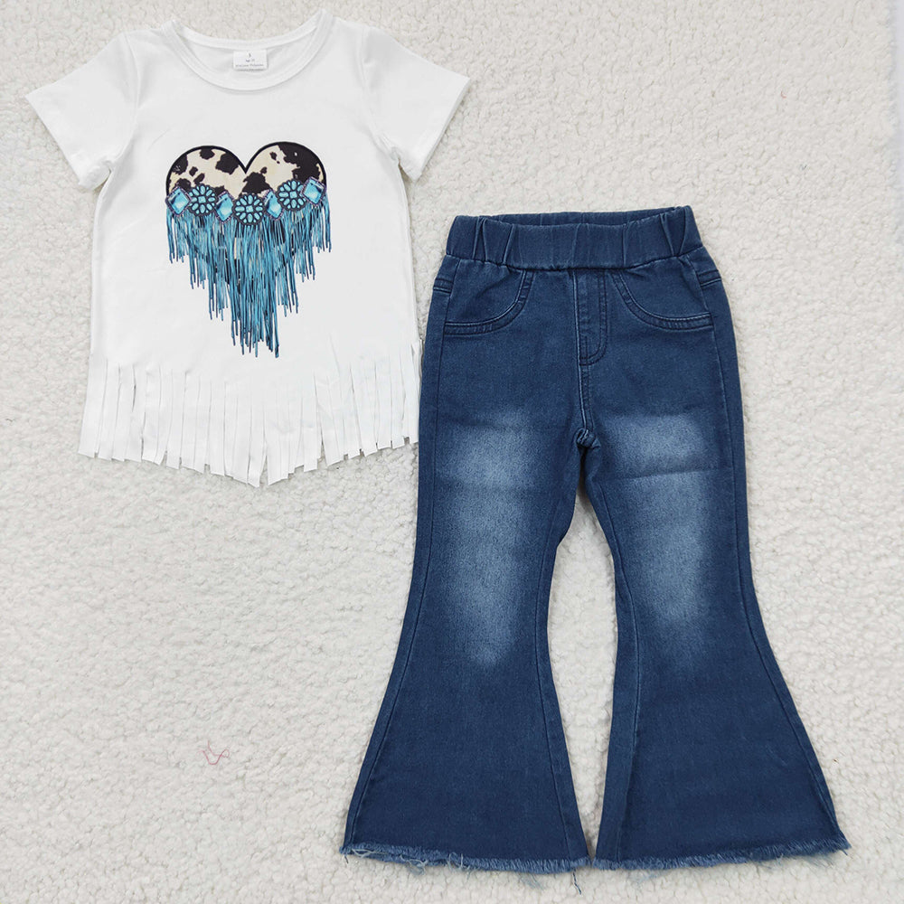 Baby Girls Cowprint Hearts Denim Pants Clothes Sets