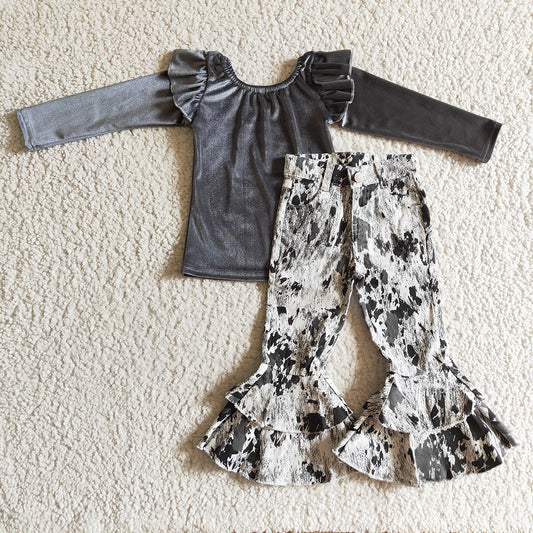 Baby girls grey velvet top denim bell pants clothes sets