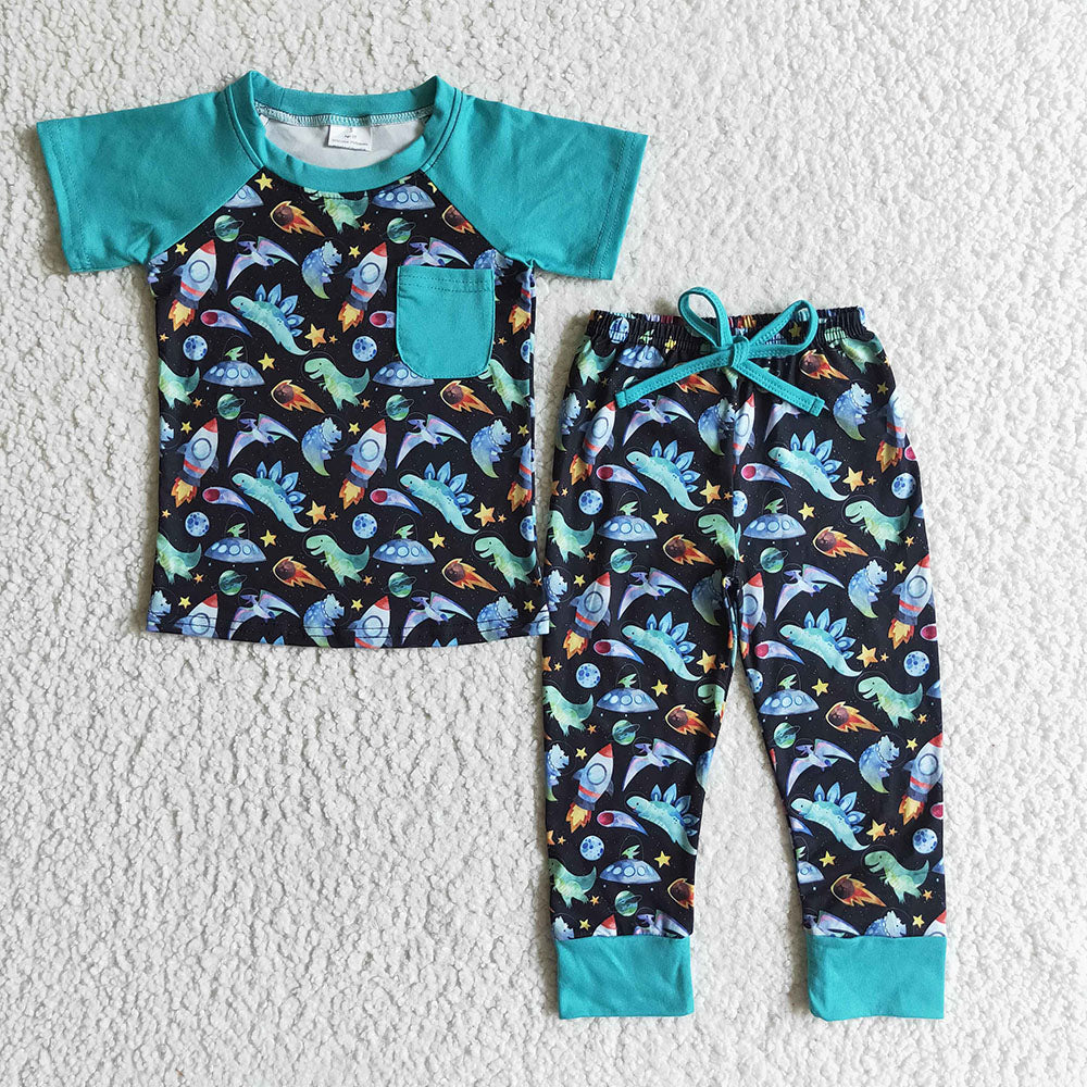 baby boys blue dinosaur pocket top pants sets