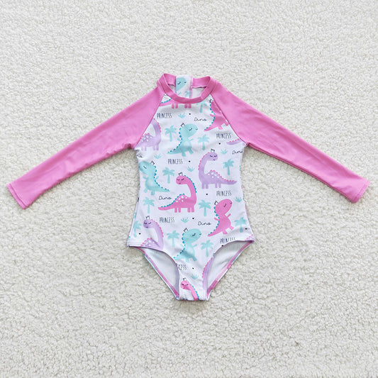 Baby Girls Pink Dinosaur Long Sleeve One Pieces Swimsuits
