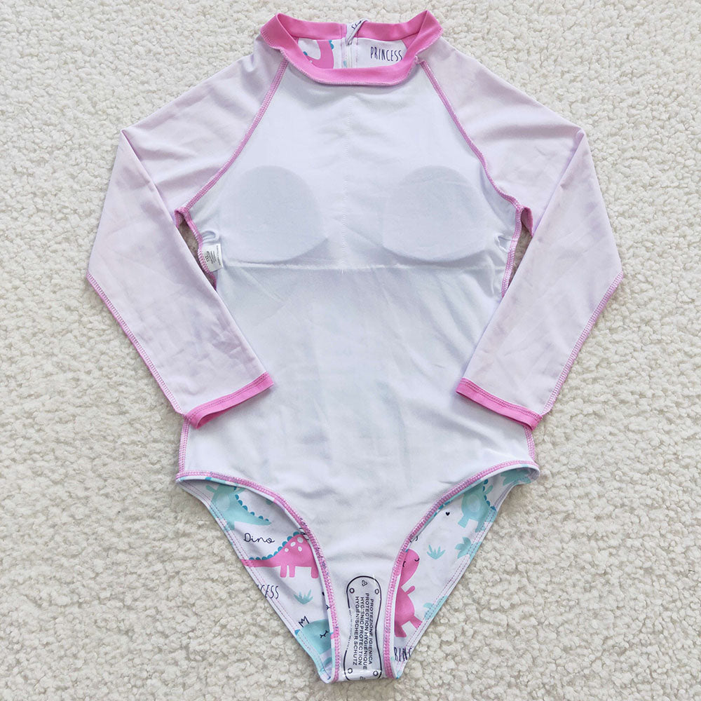 Baby Girls Pink Dinosaur Long Sleeve One Pieces Swimsuits