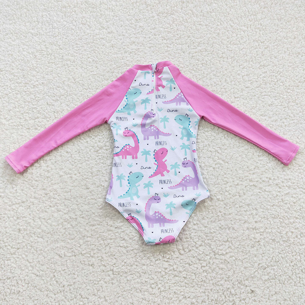 Baby Girls Pink Dinosaur Long Sleeve One Pieces Swimsuits