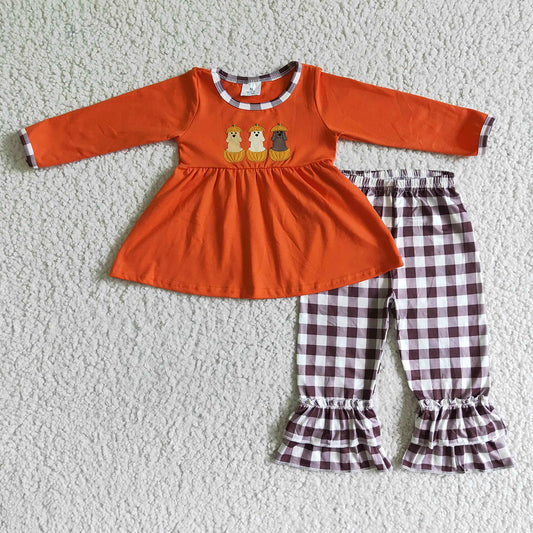 Baby girls fall dog pumpkin ruffle pants sets
