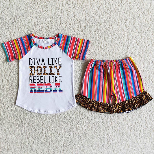 Letter colorful stripe leopard ruffles Shorts suit