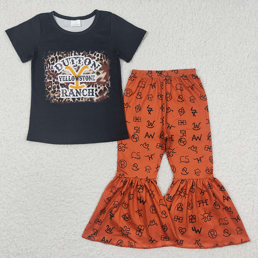 Baby Girls Words Balck Orange Western Bell Pants Clothes Sets