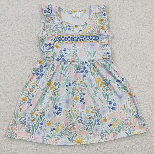 Baby Girls Green Flower Easter Rabbit Short Sleeve Knee Length Dresses
