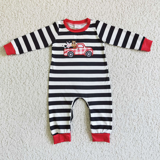 Baby boys farm tractor stripe ruffle rompers