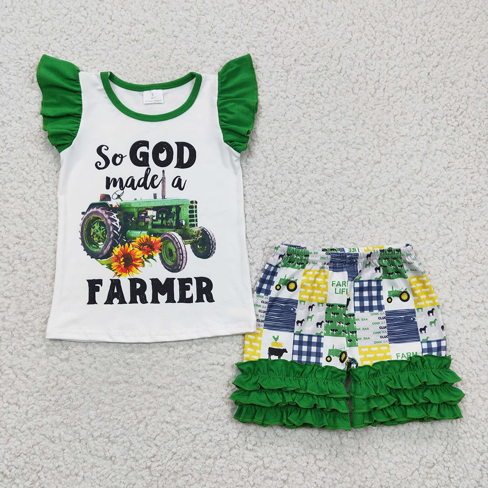 Baby Girls Tractor Farmer Green Top Icing Ruffle Shorts Sets