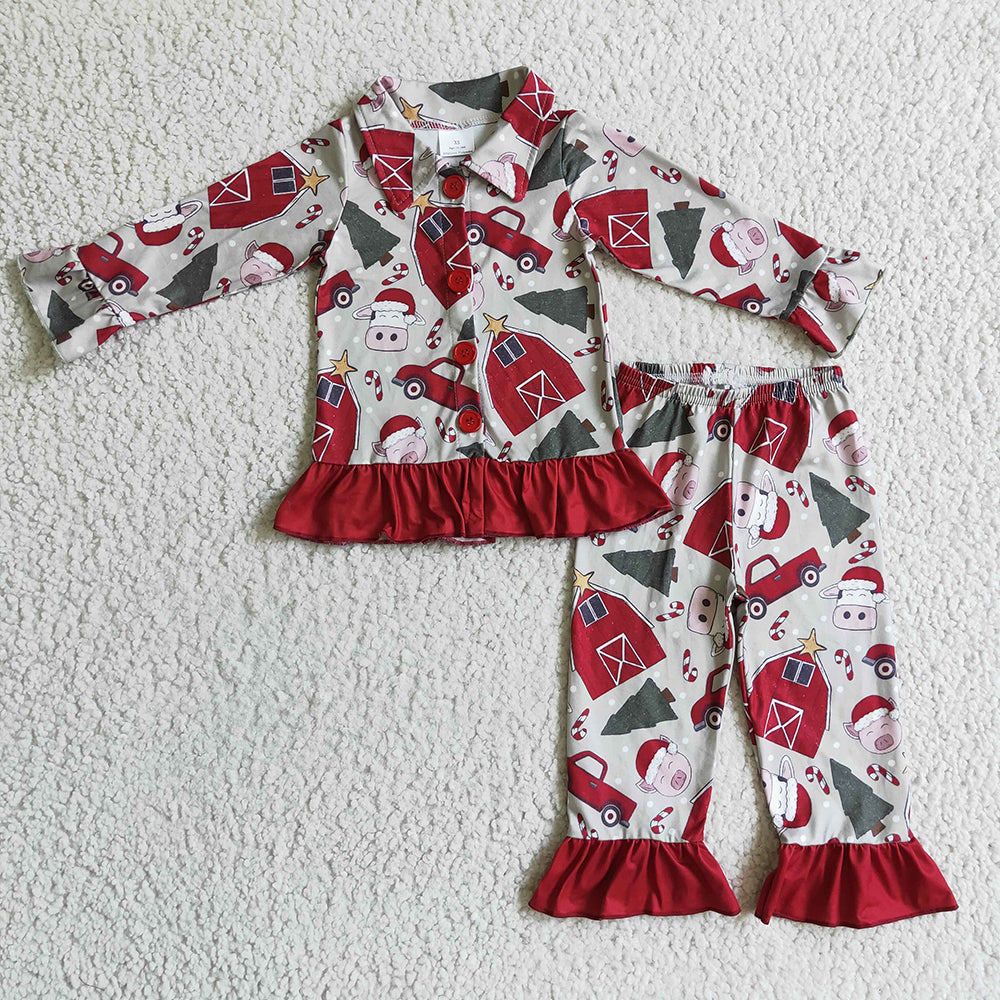 Baby Girls Christmas Farm Button Ups Pajamas Sets