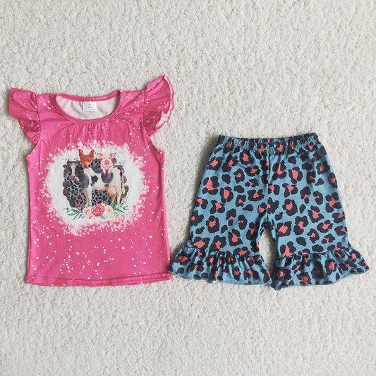 Blue leopard farm puffy sleeves Shorts sets