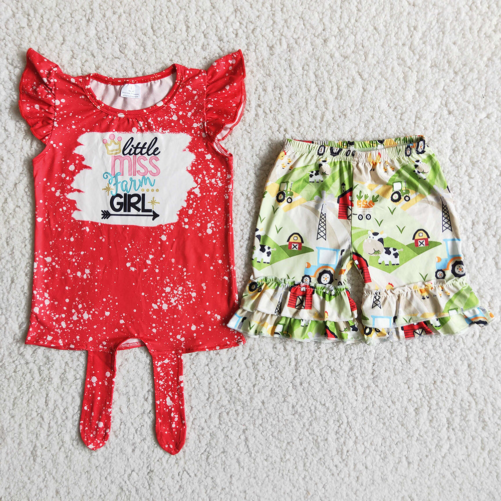 Red farm puffy sleeves Shorts sets