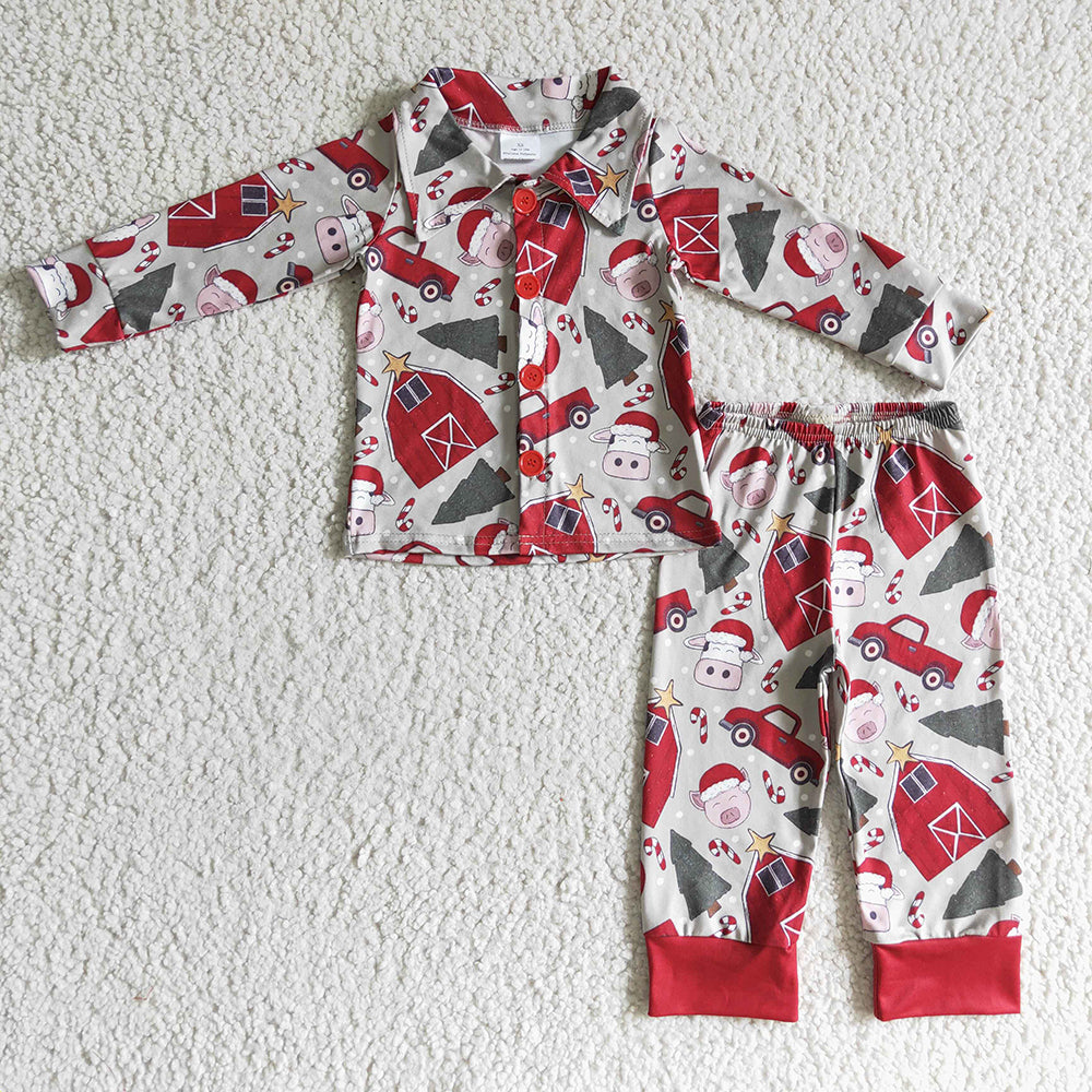 Baby Boys Christmas Farm Button Ups Pajamas Sets